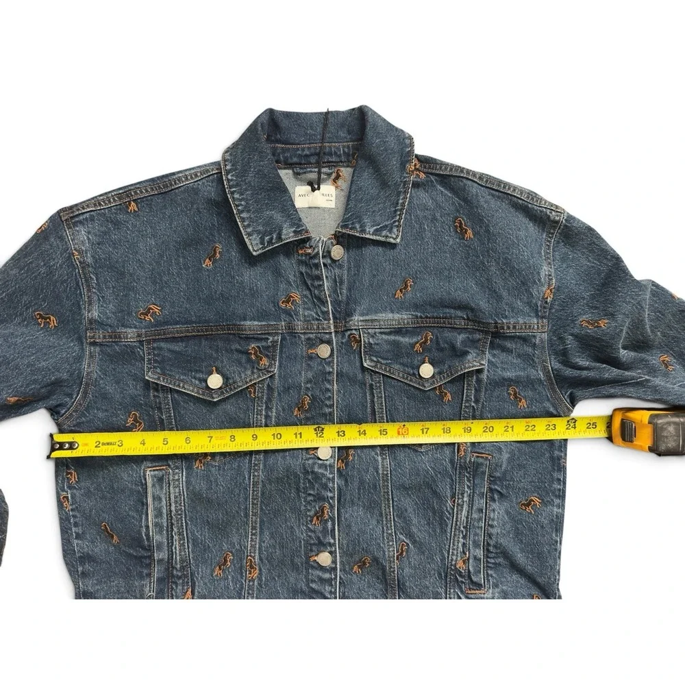Avec Les Filles Horse Embroidered Denim Trucker Jacket Jean Blue Women's Size L